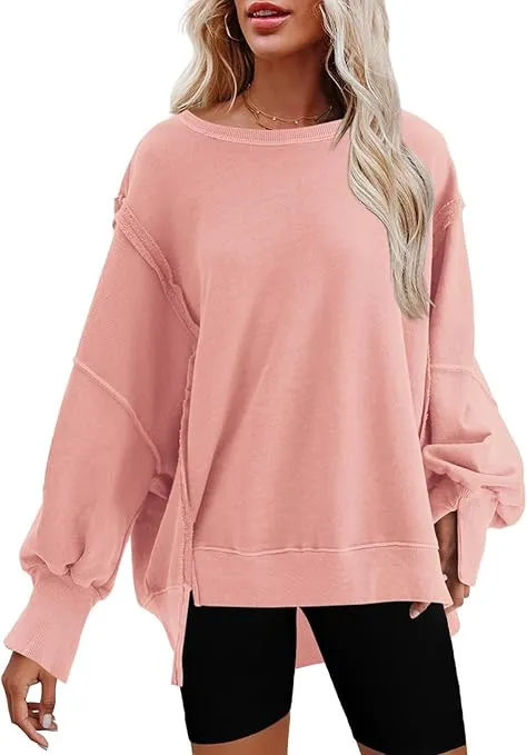 Nirovien Womens Oversized Crewneck Sweatshirt Side Slit Long Sleeve Pullover Slouchy Fit Tops