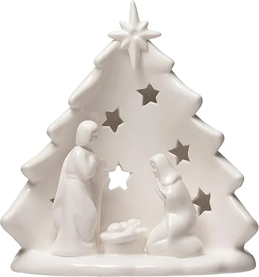 Creative Co-Op 5-3/4"L x 4" W x 5-3/4"H Stoneware Holy Family w/Tree & Cut-Outs, White