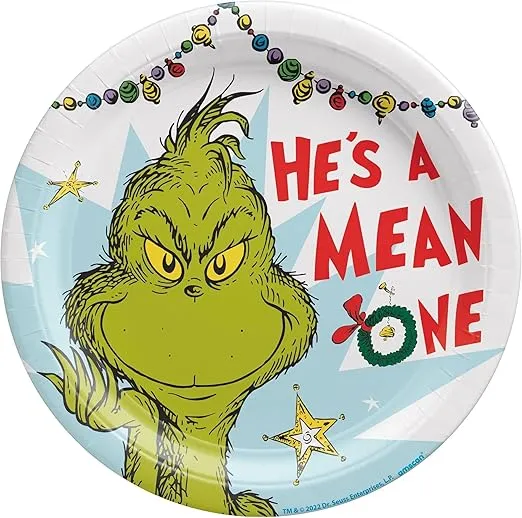 Amscan Multicolor Traditional Grinch Round Paper Plates - 10.5" (Pack of 8) - Eye-Catching Design - Perfect Tableware For Holiday Celebrations, & Family Gathering