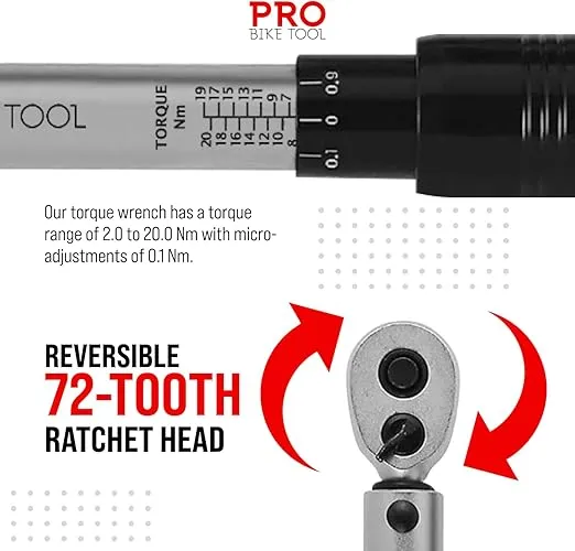 PRO BIKE TOOL Torque Wrench and Torque Screwdriver Set - Precision Tool for Bike Maintenance - 1/4 Inch Drive - 2 to 20 Nm - Complete Kit with Allen, Torx, Extension - with Protective Case