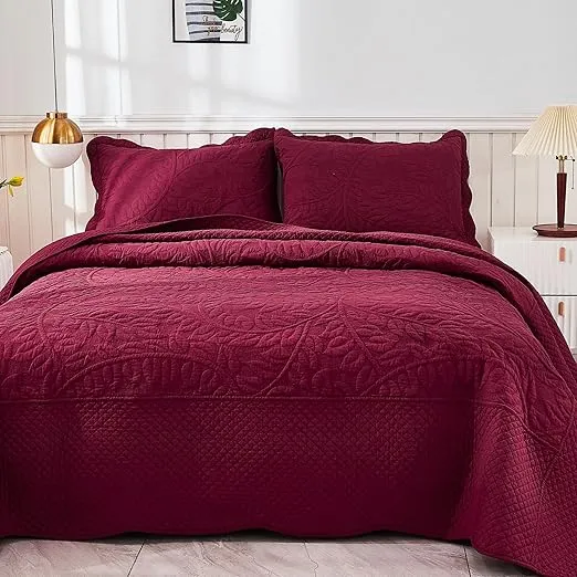 MarCielo 3-Piece 100% Cotton Oversized Bedspread Set Coverlet Set Lightweight Quilt Set Embroidery Farmhouse Bedding Set T0 (Wine Burgundy, Queen (100"x106"))