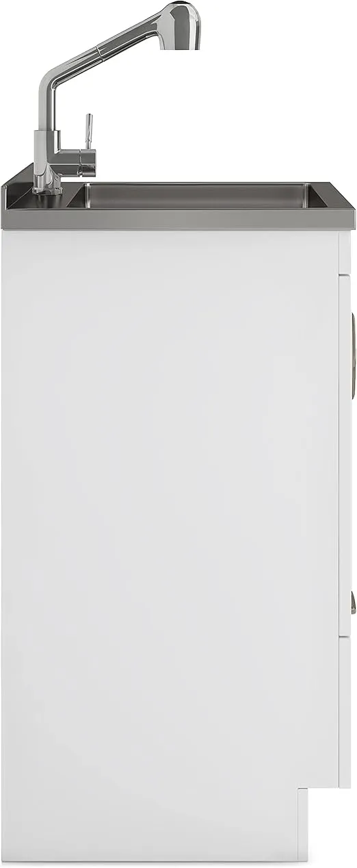 SIMPLIHOME Cardinal Utility Sink & Cabinet in Pure White, 28-inch, Laundry Cabinet with Faucet, Stainless Steel Sink, Storage Drawer for Laundry Room, Garage, or Mudroom