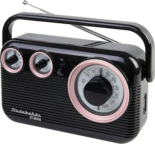 Studebaker SB2003BT Bluetooth Retro Portable AM/FM Radio with AC or Battery Operation (Pink/Black)