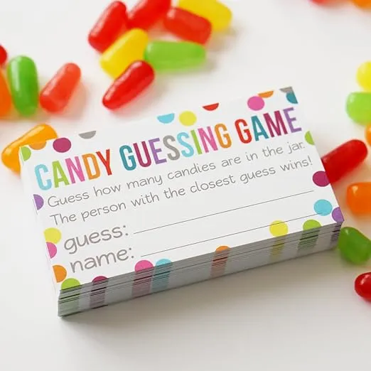 Candy Guessing Game Cards - Guess How Many in the Jar - Confetti Polka Dot Card 3.5 X 2 Inches - Pack of 50