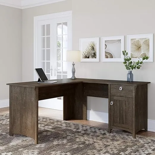 Bush Furniture Salinas L-Shaped Desk with Storage | Study Table with Drawers & Cabinets | Home Office Computer Desk in Ash Brown