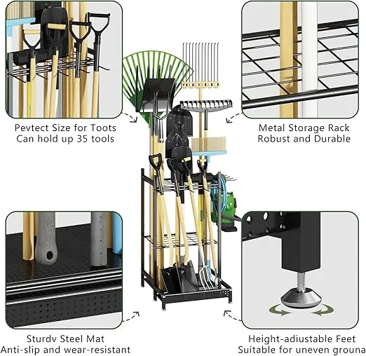 GILLAS Garden Tool Organizer for Garage, Utility Storage Racks with Hooks, Metal Yard Tool Stand Holder Organizer for Long-Handled, Broom, Shovel, Rake, Sturdy Heavy Rack for Outdoor, Yard, Black