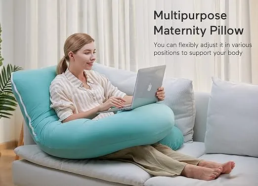 Momcozy U Shaped Pregnancy Pillows with Cotton Removable Cover, 57 Inch Full Body Pillow Maternity Support, Must Have for Pregnant Women, Tiffany Blue