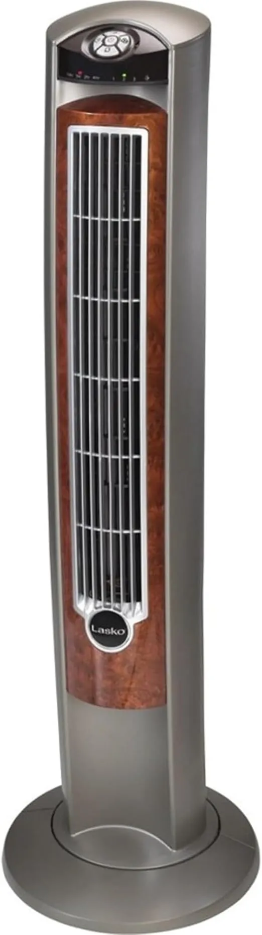 Lasko Oscillating Tower Fan, Nighttime Setting, Remote Control, Portable, Timer, for Bedroom, Home and Office, 3 Quiet Speeds, 42.5", Silverwood, T42954, woodgrain and grey