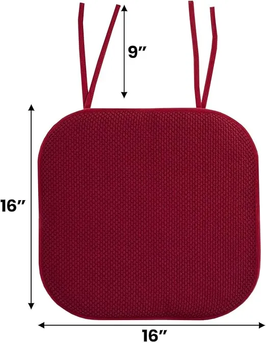 Sweet Home Collection Chair Cushion Memory Foam Pads with Ties Honeycomb Pattern Slip Non Skid Rubber Back Rounded Square 16" x 16" Seat Cover, 2 Pack, Wine Burgundy