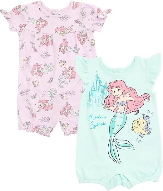 Disney Princess Minnie Mouse Ariel Baby Girls 2 Pack Rompers Newborn to Infant