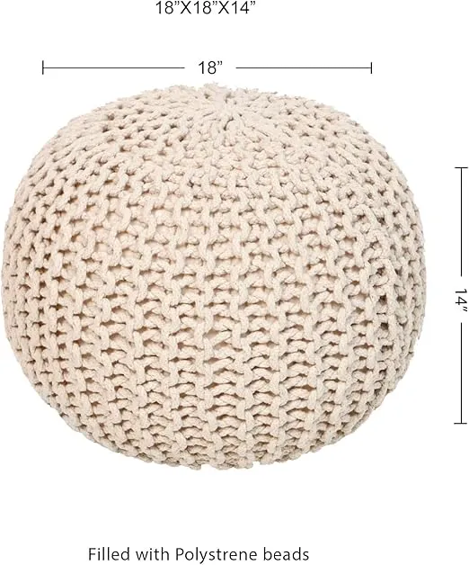 REDEARTH · Round Pouf Ottoman - Cable Knitted Boho Poof - Home Décor Cord Pouffe Handmade Circular Footrest for Living Room - Bedroom - Kids Bedroom - 100% Cotton Pouf (18" x 18" x 14") - Ivory