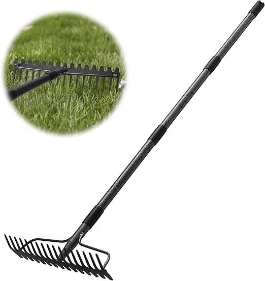 63 inch Bow Rake，17 Steel Tines Portable and Adjustable Heavy Duty Garden Rake with Stainless Steel Handle Metal Head Rake Tool for Gardening Leaves Loosening Soil Leveling Lawn Farming Land