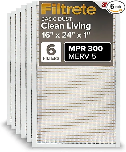 Filtrete 16x24x1 AC Furnace Air Filter, MERV 5, MPR 300, Capture Unwanted Particles, 3-Month Pleated 1-Inch Electrostatic Air Cleaning Filter, 6-Pack (Actual Size15.81x23.81x0.8 in)