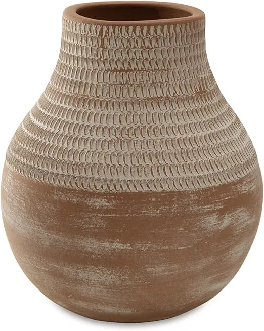 Signature Design by Ashley Reclove Casual Indoor Abstract Terra Cotta Tabletop Vase with Wide Mouth, White & Light Brown