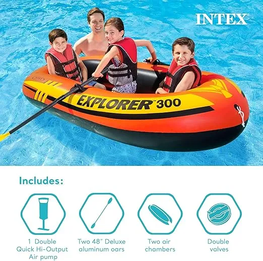 INTEX Explorer Inflatable Boat Series: Dual Air Chambers – Welded Oar Locks – Grab Handles – Bow Rope – Sporty Design