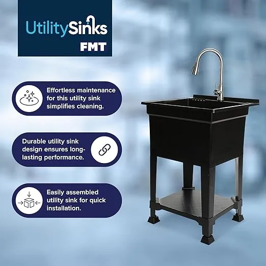 USA-Made Plastic Freestanding 24 in x 24-Inch UtilityTub Heavy Duty Compact Utility Sink Ideal for Workshop, Laundry Room, Garage, Greenhouse, Pet Wash Station (Black)