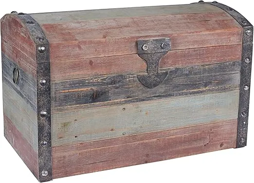 Household Essentials Large Wooden Storage Trunk, Weathered Wood with Paint Finish, Hinged Lid with Metal Accents