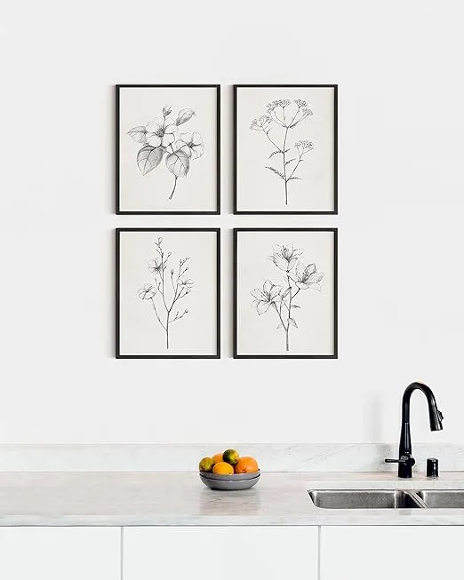 HAUS AND HUES Grey Floral Wall Art - Set of 4 Plant Posters for Wall Vintage, Botanical Prints, Black and White Wall Art Flower Pictures for Room Aesthetic, Farmhouse Bathroom Art (8x10, Unframed)