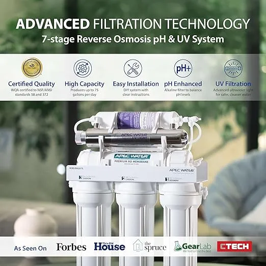 APEC Water System ROES-PHUV75 Essence Series Top Tier Alkaline Mineral pH+ and UV Ultra-Violet Sterilizer 75 GPD 7-Stage Ultra Safe Reverse Osmosis Drinking Water Filter System