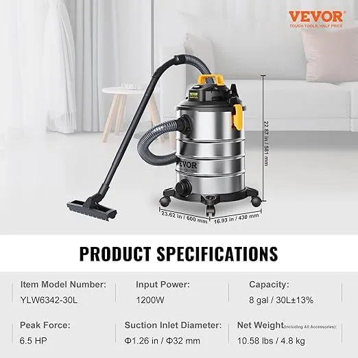 VEVOR Stainless Steel Wet Dry Shop Vacuum, 8 Gallon 6 Peak HP Wet/Dry Vac, Powerful Suction with Blower Function w/Attachment 2-in-1 Crevice Nozzle, Small Shop Vac Perfect for Carpet Debris, Pet Hair