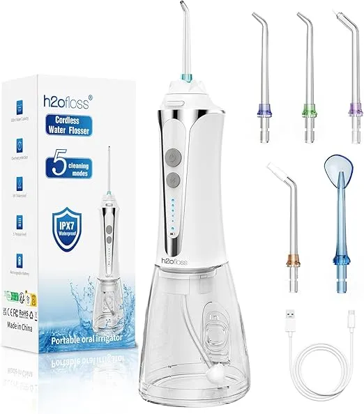 H2ofloss Water Dental Flosser Cordless, 300ML Rechargeable Oral Irrigator for Teeth Cleaning, Portable & IPX7 Waterproof Teeth Cleaner Pick for Braces Home Travel