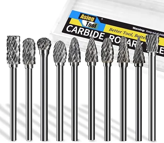 Carbide Burrs Set 1/8’’ Shank Diameter Double Cut Solid Tungsten Carbide Burrs with 1/4’’ Cutting Head Rotary File Carving Grinding Engraving Polishing Bit for Die Grinder Rotary Drill Tool 10pcs