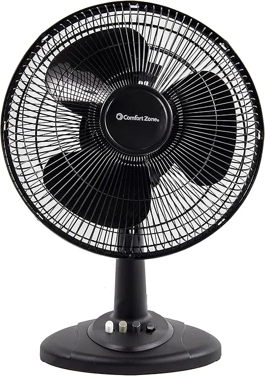 Comfort Zone Oscillating Table Fan with Adjustable Tilt, Convenient Push Button Controls, Quiet, 12 inch, 3 Speed, Desk Fan, Airflow 7.25 ft/sec, Ideal for Home, Bedroom, Dorm & Office, CZ121BK