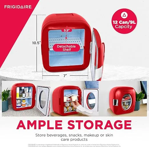 Frigidaire Retro Mini Personal Fridge Cooler, Holds 9L or 12 Cans, Portable for Car, Office, Bedroom, Dorm Room, or Cabin, Features Plugs for Home Outlet & 12V Car Charger - 10"D x 7"W x 10.5"H, Red