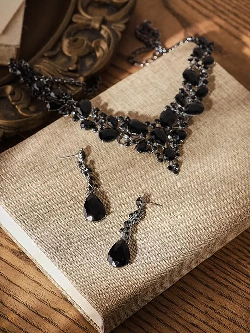 Sacina Set Black Crystal Necklace Earrings, Black Necklace, Vintage Necklace, Gothic Necklace, Goth Necklace, Costume Jewelry, Christmas Jewelry Gifts for Women