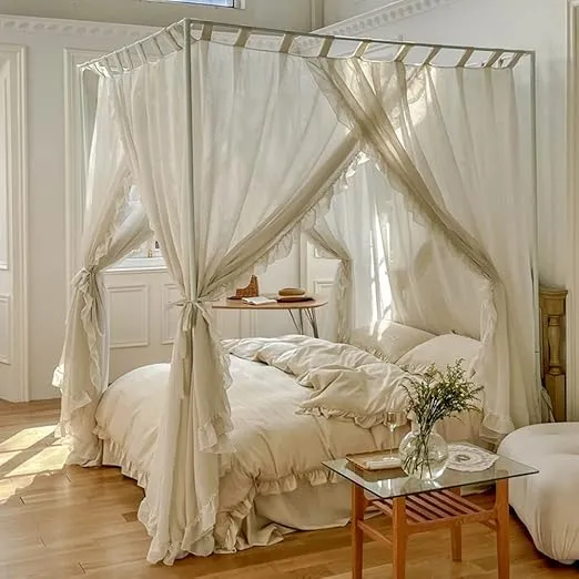 Mengersi Linen Canopy Bed Curtains,Bed Canopy Curtains Bed Drapes Sheer Curtains for Bedroom Decor (Ivory, Full)