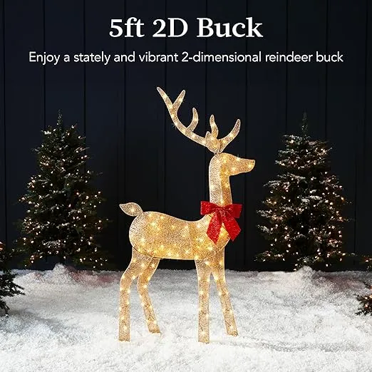 Best Choice Products 5ft 2D Lighted Christmas Deer Buck, Large Outdoor Reindeer Yard Holiday Decoration with 105 LED Lights, Stakes, Zip Ties - Gold