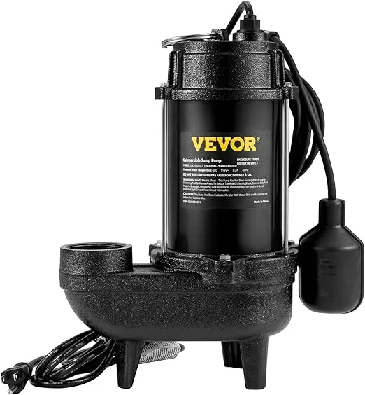 VEVOR 3/4 HP Submersible Sewage Pump, 5880 GPH Larger-Flow, Cast Iron Submersible Sump Pump, Wear-proof Cast Iron Construction, with Tethered Float Switch, 10 FT Power Cord