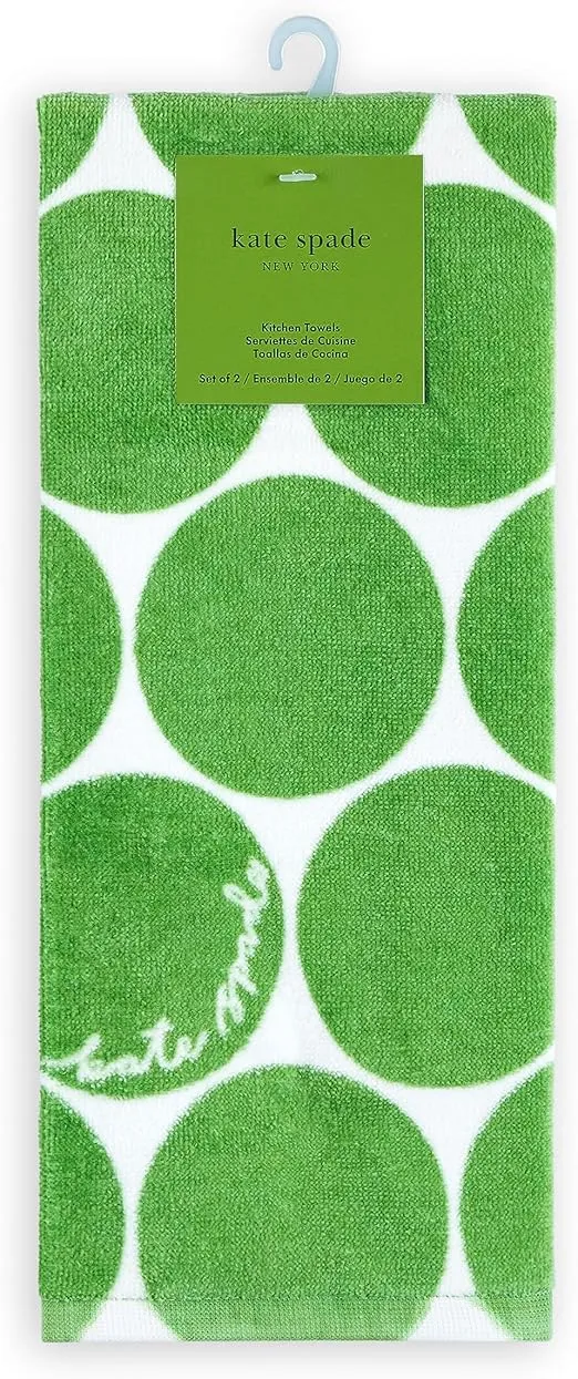 Kate Spade New York Joy Dot Kitchen Towels 2-Pack Set, Absorbent 100% Cotton Velour, Green/Cream, 17"x28"