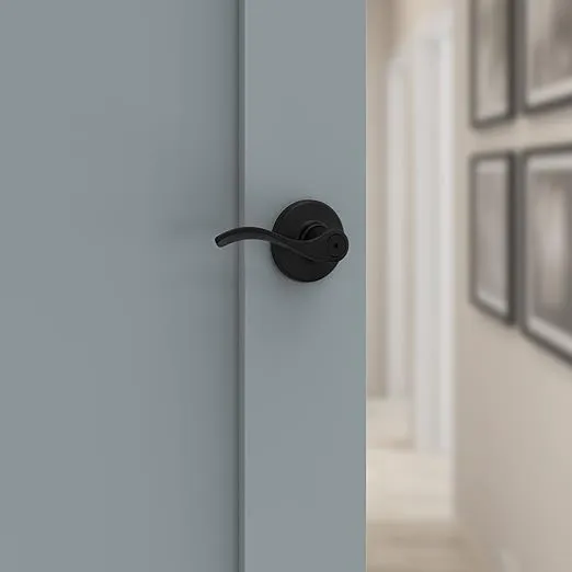 Kwikset Balboa Interior Privacy Door Handle with Lock, Door Lever For Bathroom and Bedroom, Matte Black Reversible Keyless Turn Lock