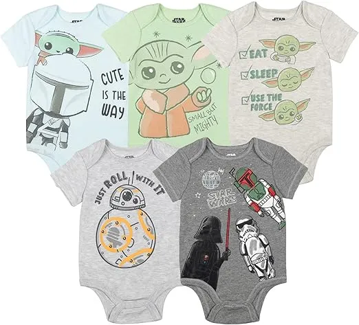 STAR WARS Chewbacca C-3PO R2-D2 Darth Vader Yoda 5 Pack Short Sleeve Bodysuits Newborn to Infant