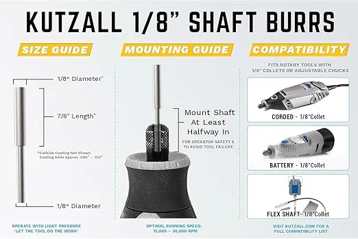 Kutzall Original Cylinder Rotary Burr, 1⁄8" Shaft, Fine - Woodworking Attachment for Dremel, Foredom, DeWalt, Milwaukee. Abrasive Tungsten Carbide, 1⁄8" (3.1mm) Dia. X 7⁄8" (22.2mm) Length, C-18-EG