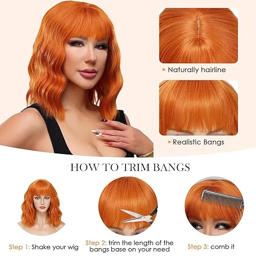 Short Wavy Wig with Bangs for Women: Curly Bob Synthetic Wigs for Daily Use Costume Cosplay (Orange)