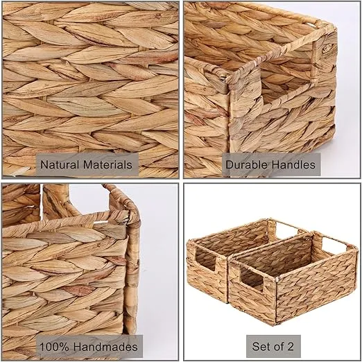 Vagusicc Wicker Storage Basket, Set of 2 Hand-Woven Storage Baskets for Organizing, Small Wicker Basket for Toilet Paper, Foldable Large Cube Storage Organizer Basket Bins for Shelves (Water Hyacinth)