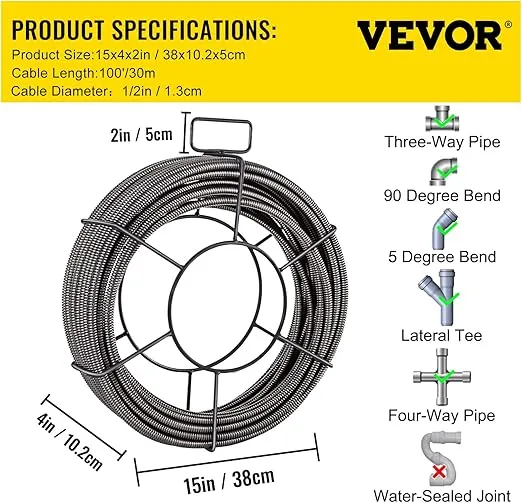 VEVOR 100 ft x 1/2 inch Solid Core Sewer Snake Clog Pipe Drain Cleaning Cable W/Four Shapes of Cutters, Black