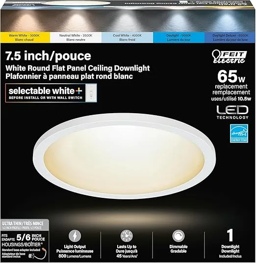 Feit Electric 5/6 Inch LED Ceiling Downlight, Dimmable Flat Panel Ceiling Light with Color Selection (5CCT), Fits 5/6 Inch Recessed Cans, TP24 Adapter Included (7.5"x 7.5"x 1"), 4 Pack, 74206/6WYCA/4