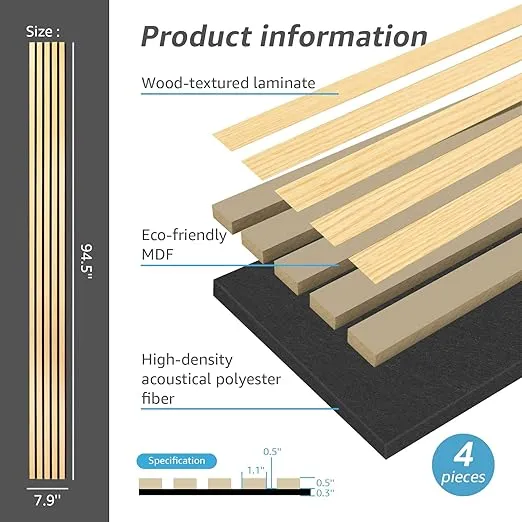 Art3d 4-Piece Wood Slat Acoustic Panels for Stylish Decor and Noise Reduction, 3D Textured Panel for Ceiling and Wall, Oak