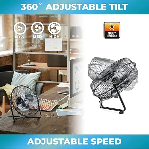 Comfort Zone Cradle Floor Fan, 9 inch, 3 Speed, Electric, 180 Degree Adjustable Tilt, All Metal, Carry Handle, Rubber Feet, Table Fan, Airflow 12.57 ft/sec, Ideal for Home, Bedroom & Office, CZHV9B