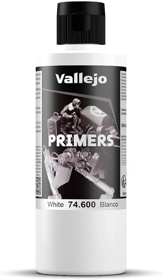 Vallejo - Surface Primer Color | White Acrylic Primer 200 ml (6.76 fl.oz.) | Matte Finish and Fast Drying | Perfect for Airbrushing and Great Adhesion to Figurines and Scale Models