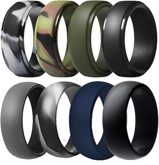 Silicone Wedding Ring for Men, Breathable Rubber Wedding Bands for Crossfit Fishing Hunting-8 Pack