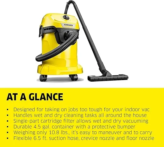 Kärcher - WD 3 Multi-Purpose Wet-Dry Shop Vacuum Cleaner - 4.5 Gallon - With Attachments – Blower Feature, Compact Space-Saving Design - 1000W,Yellow