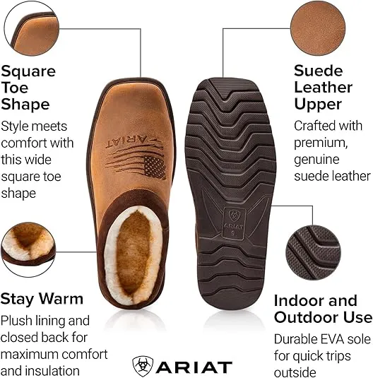 ARIAT Men's House Slippers, Patriot Square Toe, Leather with Faux Shearling Lining