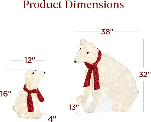 Best Choice Products 32in 2-Piece Lighted Polar Bear Family, Large All-Weather Pre-Lit Outdoor Christmas Décor for Front Yard, Lawn w/ 145 Pre-Strung LED Lights, Zip Ties, Ground Stakes - Red/White