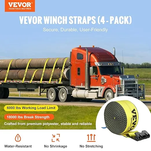 VEVOR Truck Straps, 4" x 30' Heavy Duty Tie Down w/Flat Hooks 18,000lbs Break Strength, WLL# 6000lbs, Cargo Straps tie Down for Flatbeds, Trucks, Trailers, Farms, Rescues, Tree Saver, Yellow(4 Pack)