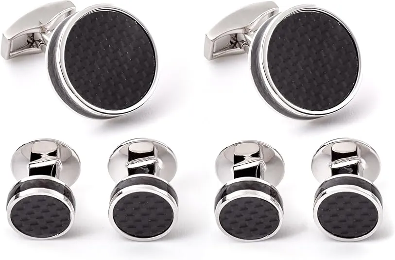 Black Carbon Fibre Disc Shirt Studs Cufflink Set with Rhodium Silver Case