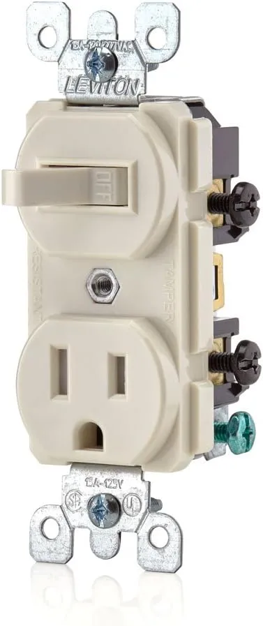 Leviton T5225-T Combination, 15 Amp, 120 Volt AC Toggle Switch, and 15amp, 125 Volt 5-15R Tamper Resistant Receptacle, Grounding, Light Almond